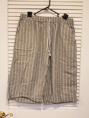 BeachLunchLounge Linen Cotton Blend Cropped Pants Womens L Green White Striped